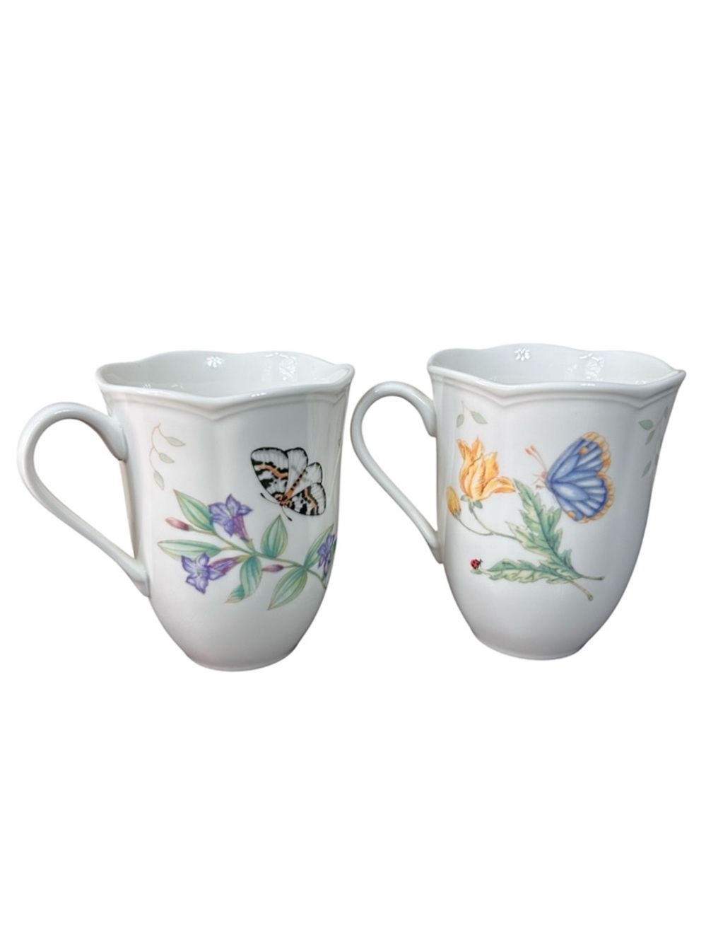 Lenox Set of 2 Porcelain Scalloped Rim Colorful Detailed Butterfly Meadow Mugs